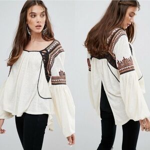Free People Snow Kisses Embroidered Asymmetric Blouse Boho Romantic Cottagecore‎
